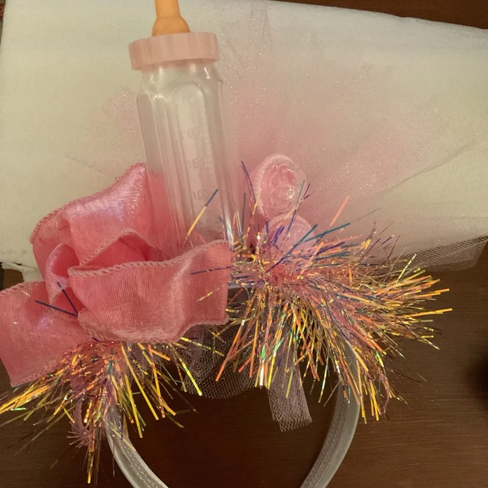 Baby Girl Shower Adorable Mother to Be Headband~Bottle, rattles, Garland, tulle!